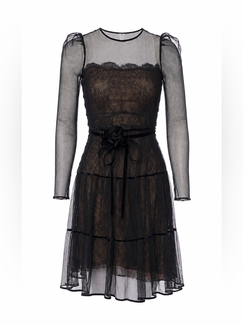 Valentino Black Sheer Lace Long-Sleeve Tiered Dress with Floral Waist